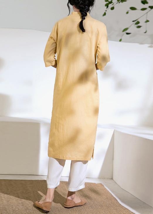 diy yellow linen dress stand collar embroidery shift summer Dress - SooLinen