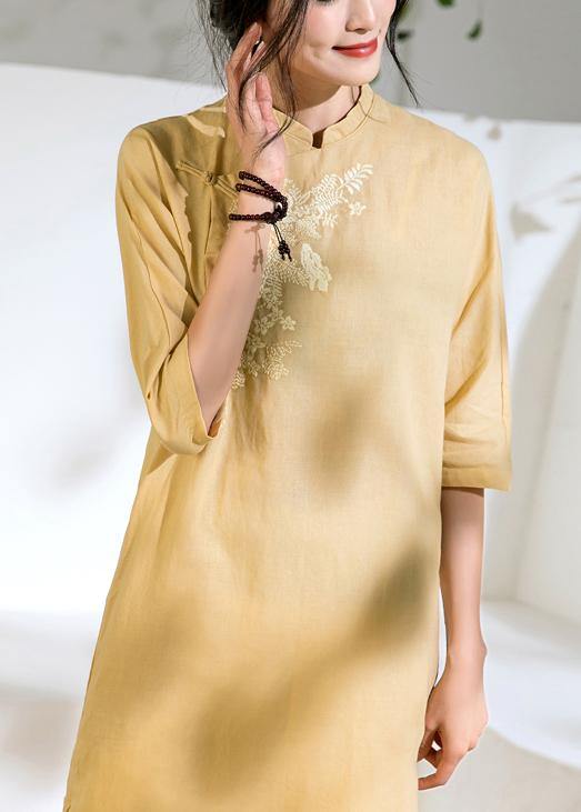 diy yellow linen dress stand collar embroidery shift summer Dress - SooLinen