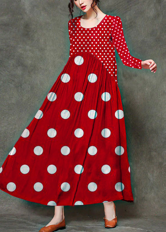 Casual red polka dots O-Neck Wrinkled Long Dresses Sleeveless