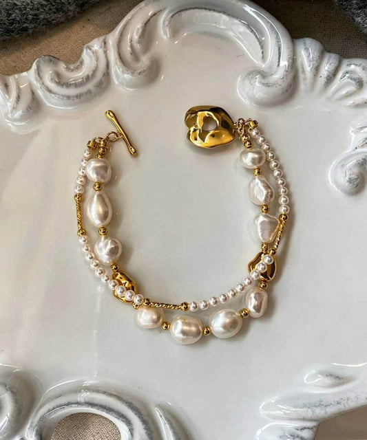 Stylish Gold Copper Overgild Pearl Double Layer Charm Bracelet