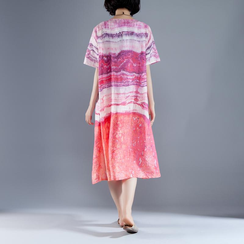 fashion Ramie dresses oversize Short Sleeve Pockets Summer Printed Casual Long Dress