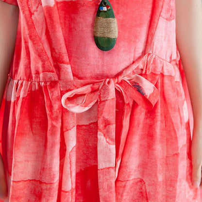 fashion Ramie sundress Loose fitting Short Sleeve Lacing Summer Pleated Casual Red Dress