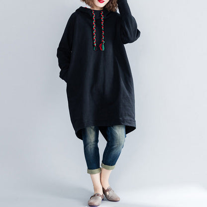 fashion black Midi cotton dresses oversized knee dresses hooded traveling clothing thick