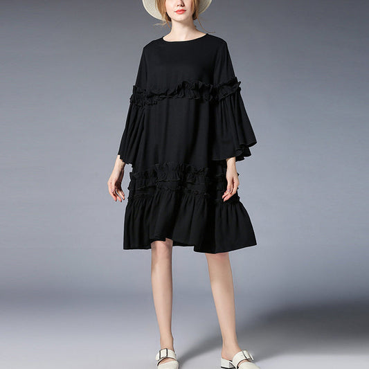 fashion black Midi-length linen dress plus size clothing linen maxi dress Elegant flare sleeve ruffles midi dress