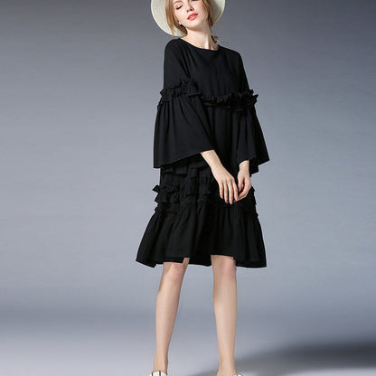 fashion black Midi-length linen dress plus size clothing linen maxi dress Elegant flare sleeve ruffles midi dress