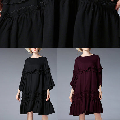fashion black Midi-length linen dress plus size clothing linen maxi dress Elegant flare sleeve ruffles midi dress