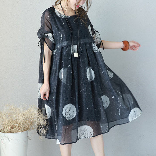 fashion black prints long chiffon dress Loose fitting high waist chiffon gown fine drawstring sleeve kaftans