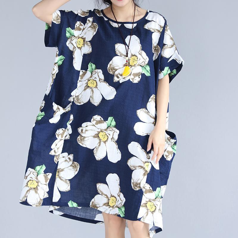 fashion blue floral natural linen dress trendy plus size traveling dress 2018 big pockets short sleeve linen clothing dresses