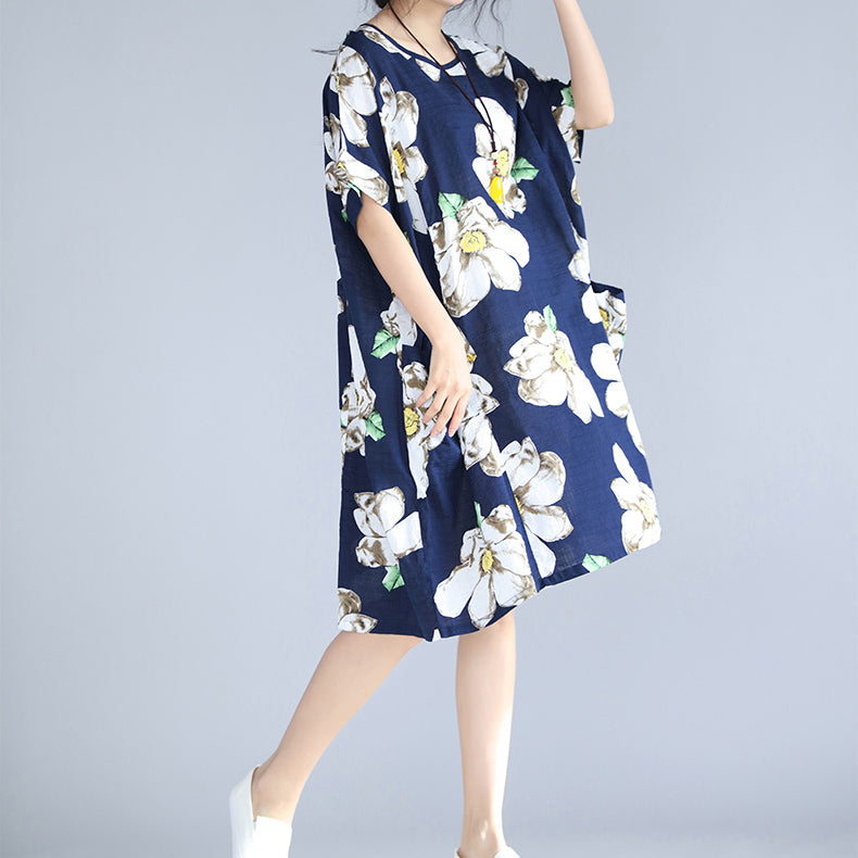 fashion blue floral natural linen dress trendy plus size traveling dress 2018 big pockets short sleeve linen clothing dresses