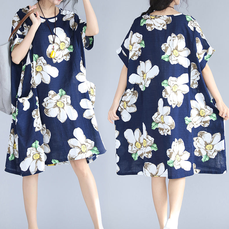 fashion blue floral natural linen dress trendy plus size traveling dress 2018 big pockets short sleeve linen clothing dresses