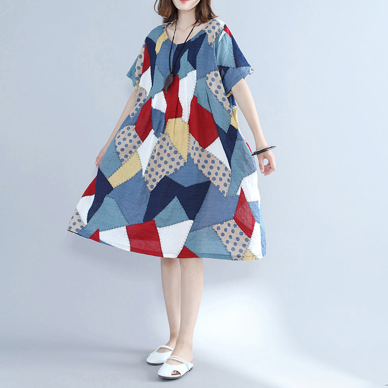 fashion blue patchwork Midi cotton dresses plus size holiday dresses Elegant o neck short sleeve midi dress