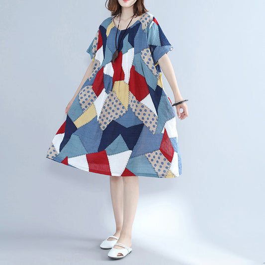 fashion blue patchwork Midi cotton dresses plus size holiday dresses Elegant o neck short sleeve midi dress