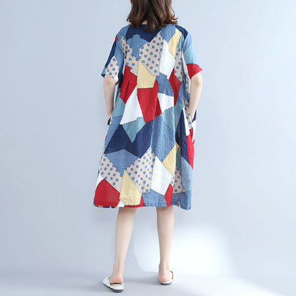 fashion blue patchwork Midi cotton dresses plus size holiday dresses Elegant o neck short sleeve midi dress