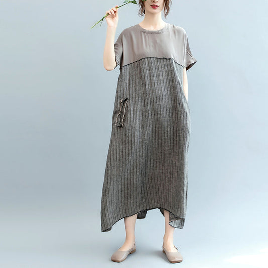 fashion gray natural linen dress oversize o neck patchwork linen clothing dresses women short sleeve baggy dresses
