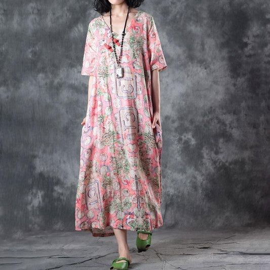 fashion linen sundress trendy plus size Retro V Neck Short Sleeve Printed Flax Pullover Dress