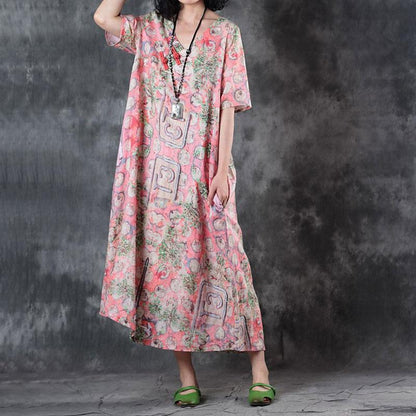 fashion linen sundress trendy plus size Retro V Neck Short Sleeve Printed Flax Pullover Dress