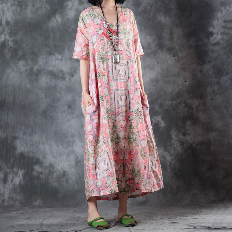 fashion linen sundress trendy plus size Retro V Neck Short Sleeve Printed Flax Pullover Dress