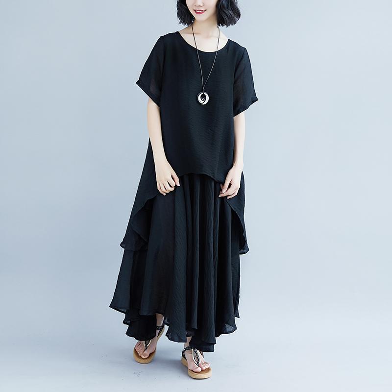 fashion pure linen tops oversized Casual Short Sleeve Black Pockets Fake Two-piece Dress