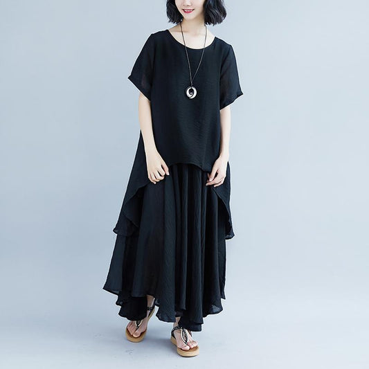 fashion pure linen tops oversized Casual Short Sleeve Black Pockets Fake Two-piece Dress