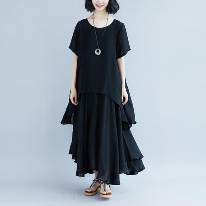 fashion pure linen tops oversized Casual Short Sleeve Black Pockets Fake Two-piece Dress