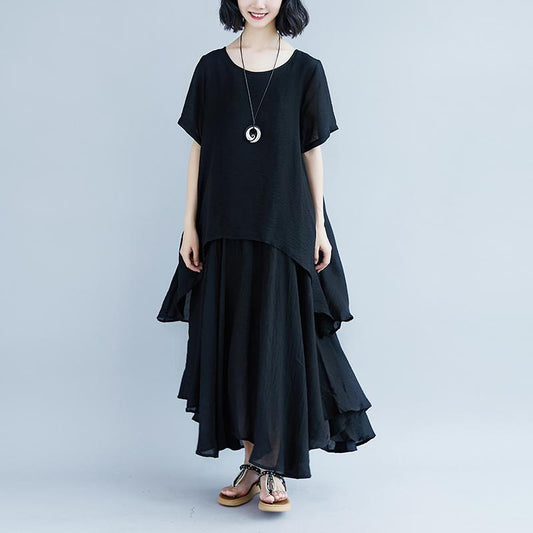 fashion pure linen tops oversized Casual Short Sleeve Black Pockets Fake Two-piece Dress