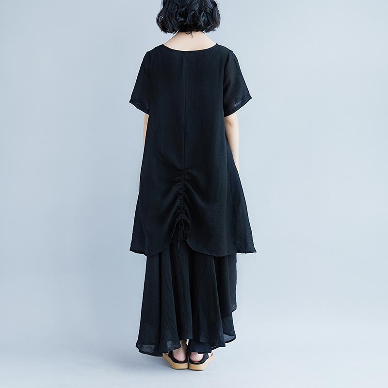 fashion pure linen tops oversized Casual Short Sleeve Black Pockets Fake Two-piece Dress