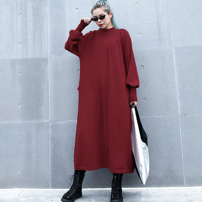 fashion red autumn plus size clothing stand collar traveling dress boutique pockets baggy dresses