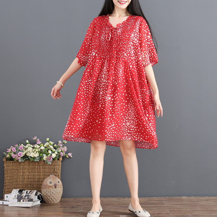 fashion red chiffon sundress V neck half sleeve party dress dotted baggy dresses drawstring summer dress