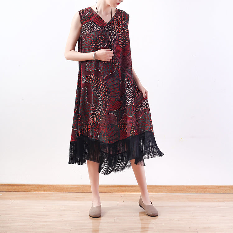 fashion red yellow prints long chiffon dresses oversized tassel chiffon clothing dresses casual sleeveless maxi dresses