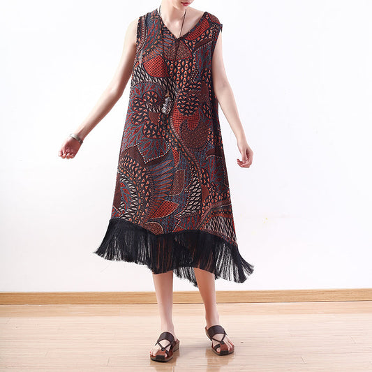 fashion red yellow prints long chiffon dresses oversized tassel chiffon clothing dresses casual sleeveless maxi dresses