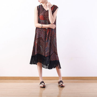 fashion red yellow prints long chiffon dresses oversized tassel chiffon clothing dresses casual sleeveless maxi dresses