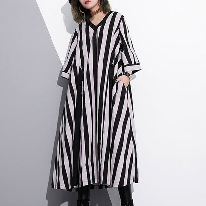 fashion striped cotton caftans Loose fitting tie waist cotton maxi dress fine v neck cotton caftans