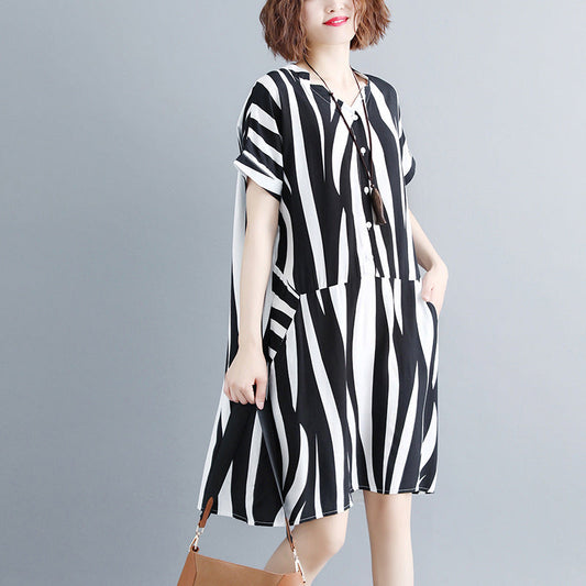 fashion striped cotton linen dresses plus size short sleeve gown 2018 v neck cotton linen dress