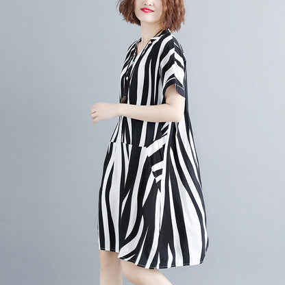 fashion striped cotton linen dresses plus size short sleeve gown 2018 v neck cotton linen dress