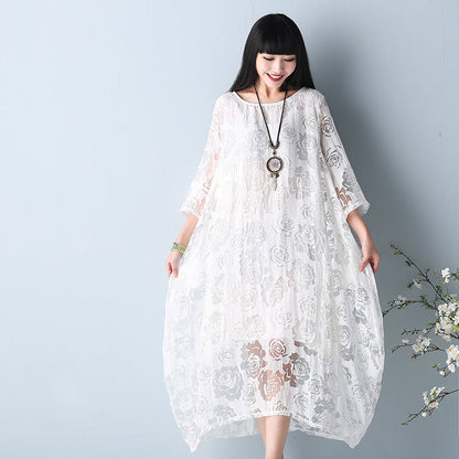 fashion white hollow out maxi dresses o neck Half sleeve summer dress asymmetric summer maxi dress