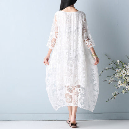 fashion white hollow out maxi dresses o neck Half sleeve summer dress asymmetric summer maxi dress