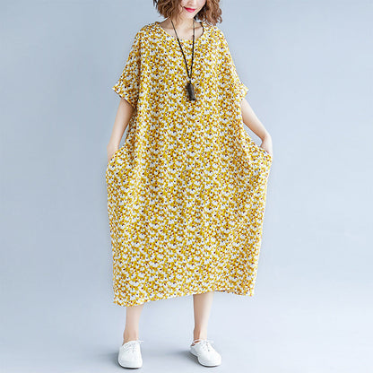 fashion yellow cotton linen dresses casual print short sleeve cotton gown fine o neck dresses