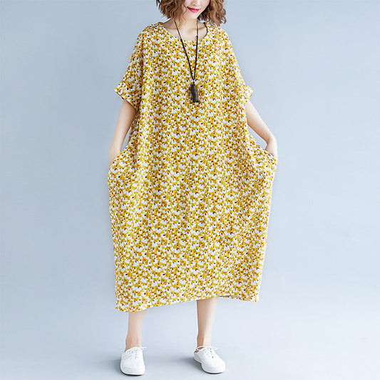 fashion yellow cotton linen dresses casual print short sleeve cotton gown fine o neck dresses