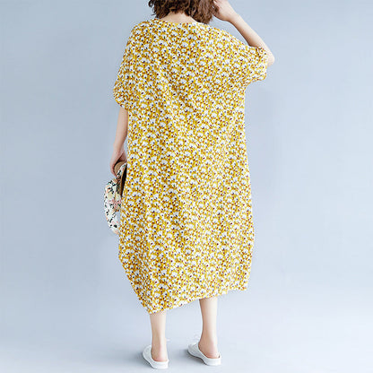 fashion yellow cotton linen dresses casual print short sleeve cotton gown fine o neck dresses