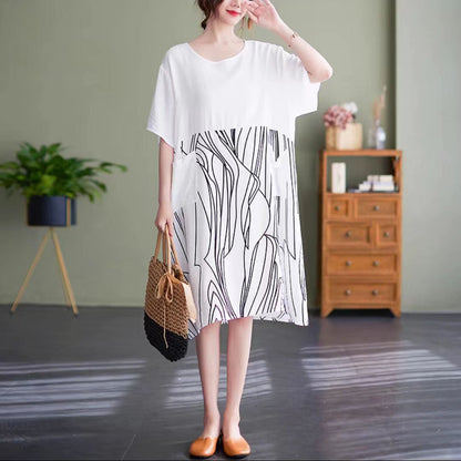 fashion black Midi cotton dresses plus size clothing casual dress patchwork o neck short sleeve cotton dress