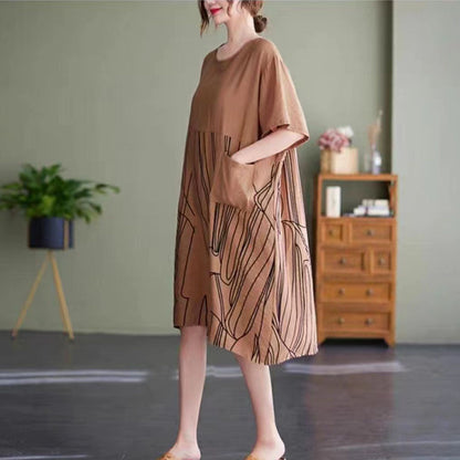 fashion black Midi cotton dresses plus size clothing casual dress patchwork o neck short sleeve cotton dress