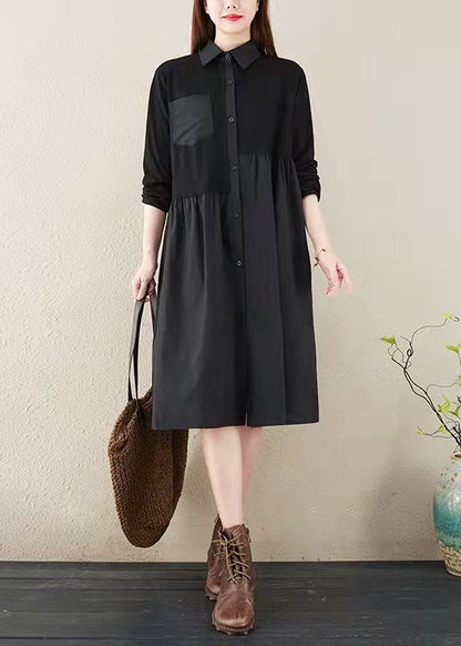 fashion black striped natural cotton linen dress plus size shirt dress vintage long sleeve side open Stand baggy dresses