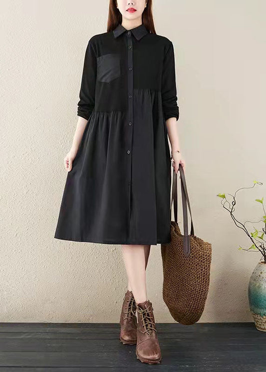 fashion black striped natural cotton linen dress plus size shirt dress vintage long sleeve side open Stand baggy dresses