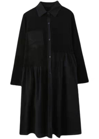 fashion black striped natural cotton linen dress plus size shirt dress vintage long sleeve side open Stand baggy dresses