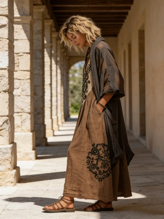 Plus Size Coffee Print Cardigans And Long Dress Two Pieces Set Summer