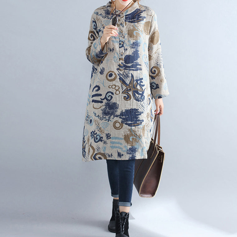floral pure cotton dress casual dress Elegant stand collar long sleeve cotton dress