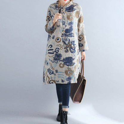 floral pure cotton dress casual dress Elegant stand collar long sleeve cotton dress