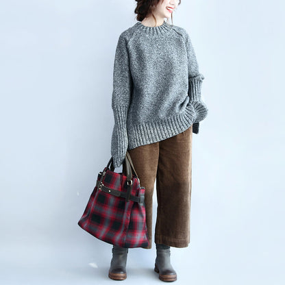 gray 2025 casaul cotton sweater plus size back side open long sleeve knit tops