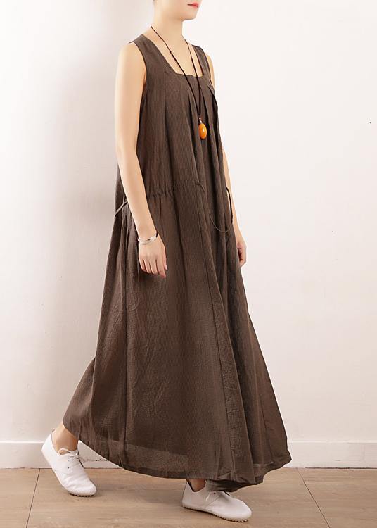 gray cotton clothes For Women plus size Runway Sleeveless drawstring Maxi Summer Dresses - SooLinen