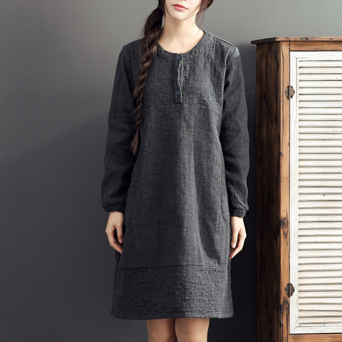 gray warm cotton linen dresses plus size casual long sleeve mid dress 2025